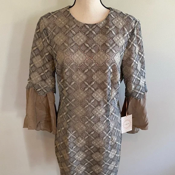 Curete Dress Embroidered Lace Bell Sleeves Taupe Women’s size 10 NWT Wedding - Picture 2 of 12